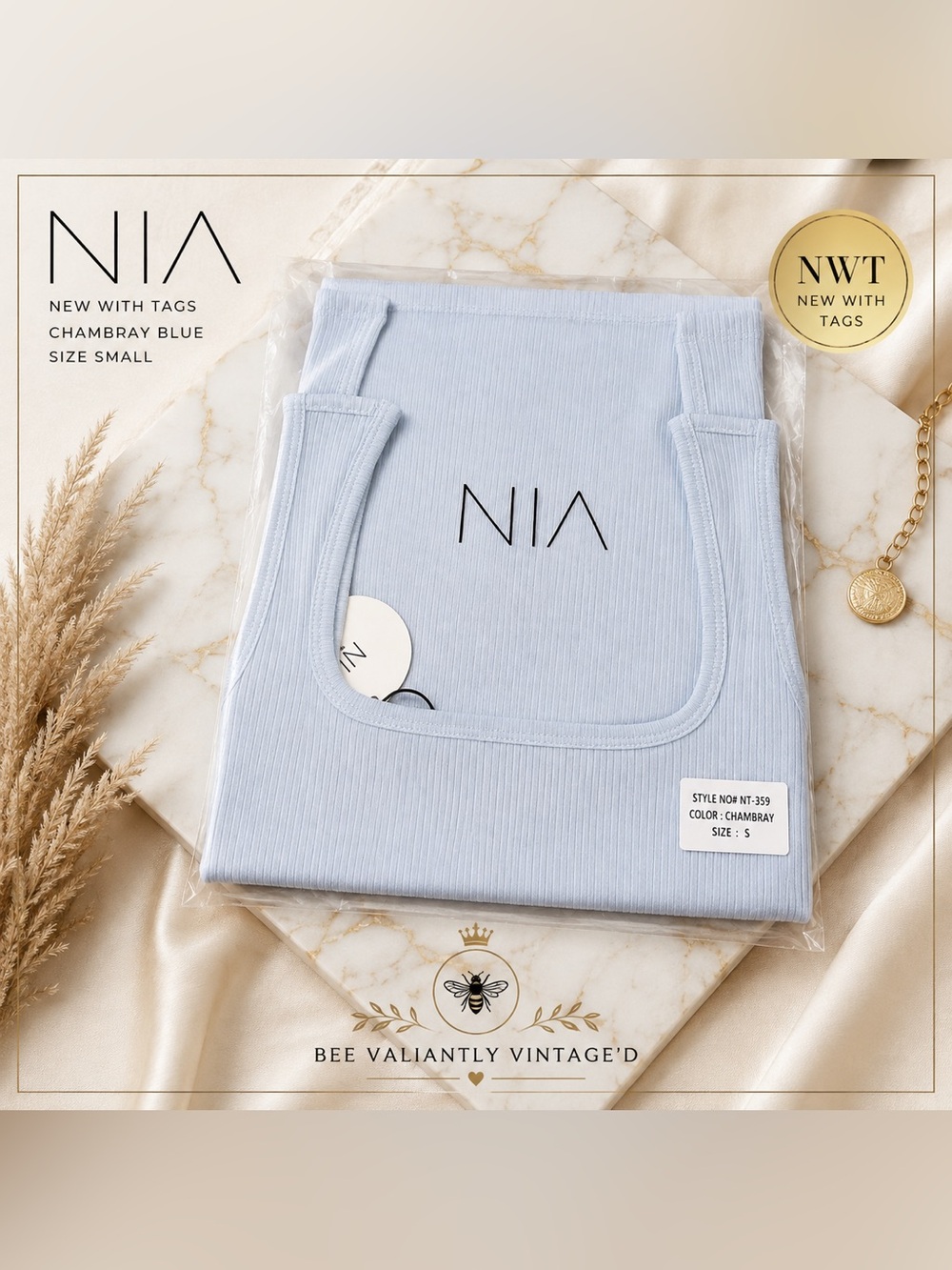 NWT NIA Ribbed Scoop Neck Tank Top Chambray Blue Size Small NT-359